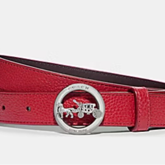 Coach Red and Brown Leather Belt with Silver Coach Logo Buckle - Picture 3 of 6